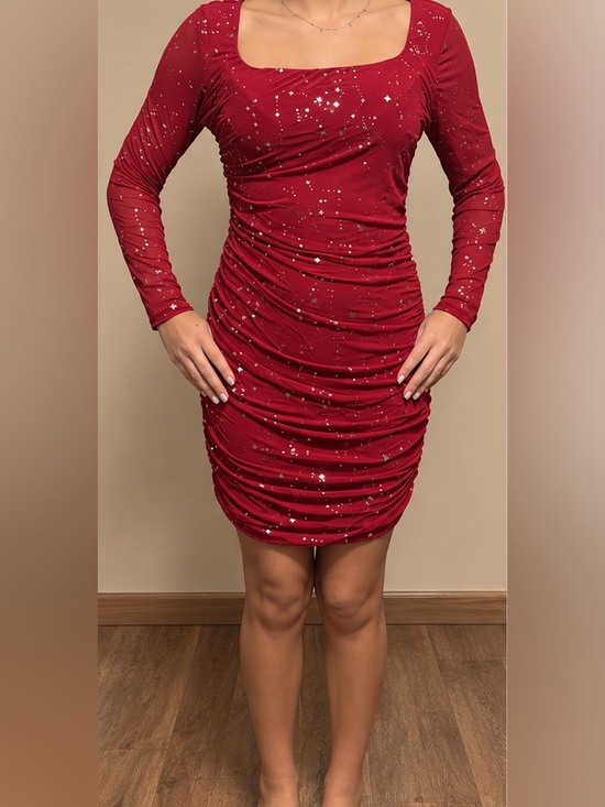 Moeencn Dresses & Skirts - Sparkle-Accent Ruched Long-Sleeve Mini Dress in Red